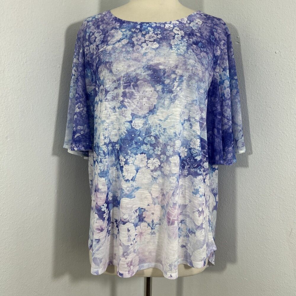 Concepts Blouse‎ Womens XXL Multi Floral Rhinestone Flutter Sleeve High Low Top